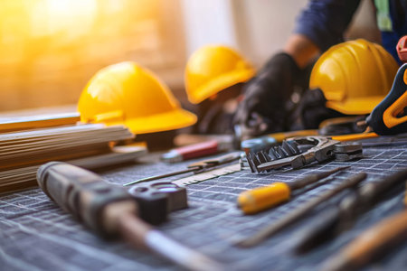 Dedicated repair utilize teams tools and materials while ensuring safety on job siteの写真素材