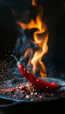 A fiery red chili pepper engulfed in flames the essence of spicy culinary adventureの写真素材