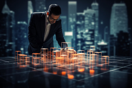 Businessman assembling blocks in a digital space, symbolizing growth and technological advancementの写真素材