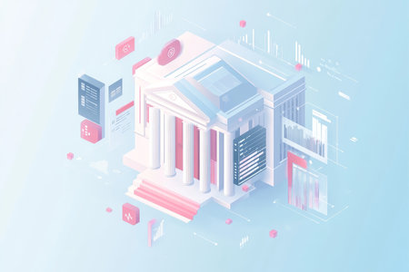 Isometric bank building surrounded by digital elements and data visualizations in modernist styleの写真素材