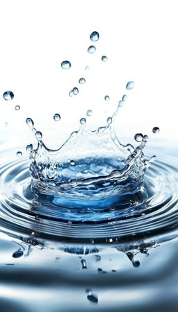 Captivating blue water splash with droplets on a pristine white background for stunning visuals
