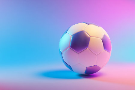 A soccer ball peacefully floating in a vibrant blue and purple abstract artistic backgroundの写真素材