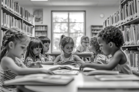 Children enjoying books in a warm and inviting library setting for learning and imaginationの素材