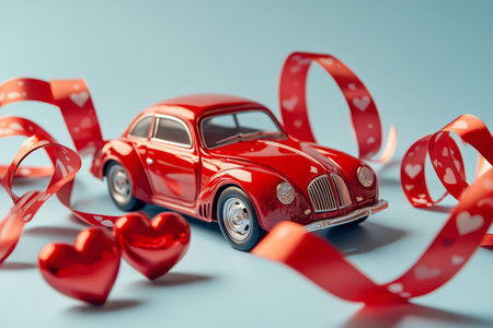 Charming photography of a red toy car carrying a heart shaped valentine s ribbon delightfully.の写真素材