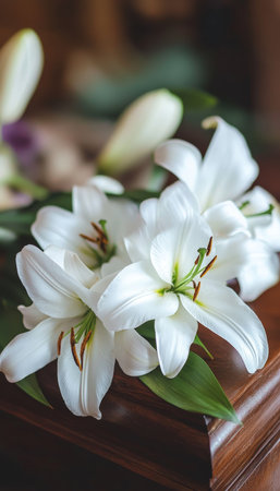 Elegant white lilies adorning a wooden coffin in a serene funeral scene of remembrance and mourningの写真素材