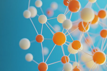 3d molecular structure visualization with connected spheres representing atomic bonds on blueの写真素材