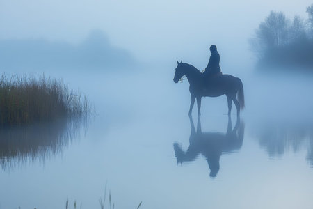 Peaceful landscape featuring a silhouetted rider amidst misty water reflections at dawn