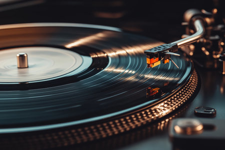 Close up of vintage turntable with spinning vinyl, stylus detail, and warm moody lighting atmosphereの写真素材