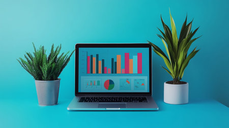 Vibrant 3d illustration of data analytics with charts, graphs, and laptop against a blue background