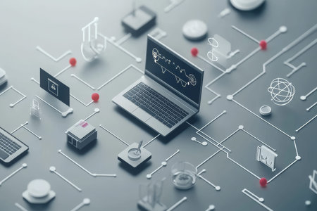 Abstract digital graphic representing online education with interconnected tech and learning icons