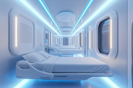 Advanced medical facility featuring sleek white beds and a radiant corridor designの写真素材