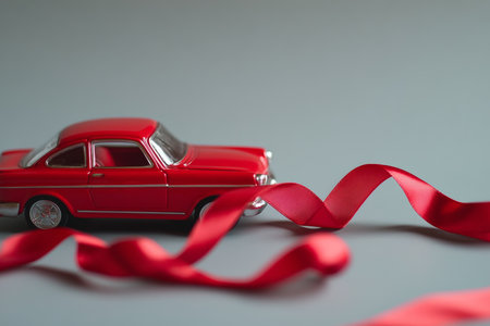 Toy red car with heart shaped valentine ribbon a playful valentine's day photography shotの写真素材