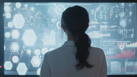 Business professional engaged with interactive digital screen for ai driven market analysis insights