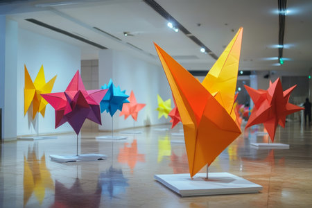 Vibrant and colorful origami art installation displayed in a modern contemporary art gallery spaceの写真素材