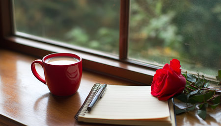 A romantic valentine's day scene red coffee cup, open notebook, rose, and nature viewの写真素材