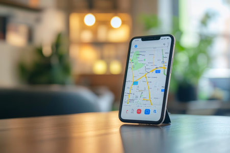 Close up of smartphone displaying local SEO results with map and business listingsの写真素材