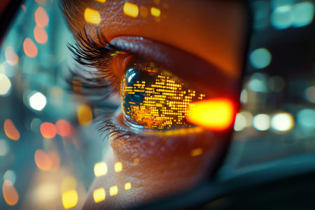 Close up of driver's eye reflecting holographic road signs a glimpse of futuristic driving techの写真素材