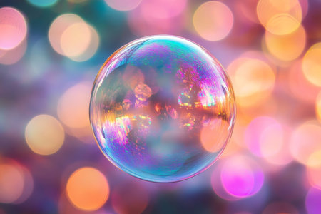 Iridescent soap bubble captured in macro photography with vibrant multicolored bokeh background