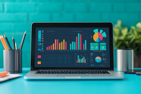 Vibrant minimalist data visualization on laptop amidst trendy office decor and blue background