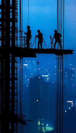 Silhouettes of construction workers on steel structure against blurry cityscape backgroundの写真素材
