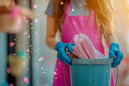 Cleaning professional in pink apron and blue gloves with equipment bucket, blurred backgroundの写真素材