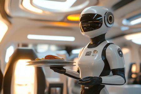 Futuristic robot flight attendant serving meals in a modern airplane cabin settingの写真素材