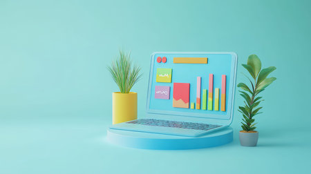 Vibrant 3d illustration of data analytics featuring charts on a laptop against a blue background