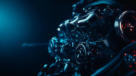 Close up view of car engine on dark background for automotive service banner designの写真素材