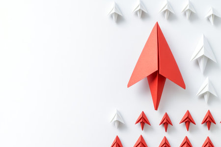 Red paper plane symbolizing business strategy, innovation, and success on a clean white backgroundの写真素材