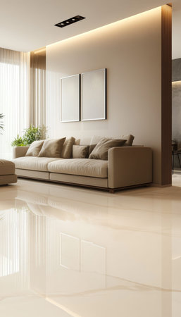 Contemporary minimalist living room featuring a modern beige floor design