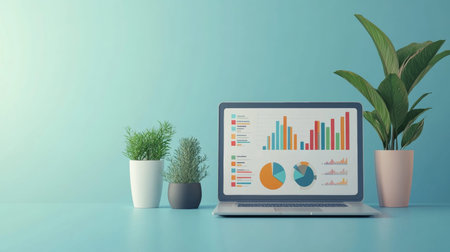 Colorful 3d illustration of data analytics with charts on a laptop against a blue backdrop