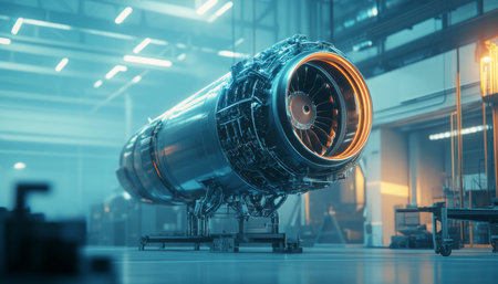 Stunning 3d visualization of a jet engine in a factory with glossy metal and ambient lighting