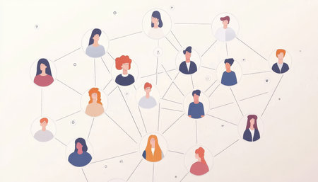 Illustration of interconnected professionals in business attire showcasing office network dynamicsの写真素材