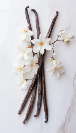 Aromatic composition of vanilla bean pods and fragrant white flowers on marble surface