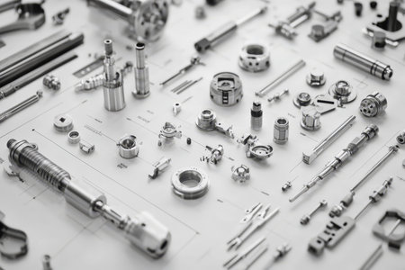 Intricate mechanical components arranged on technical blueprint showcasing engineering innovation
