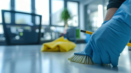 Janitor cleaning a white desk in an office setting for a neat and professional environment