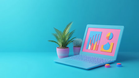 Vibrant data analytics illustration featuring charts on a laptop with plants in a modern 3d styleの写真素材