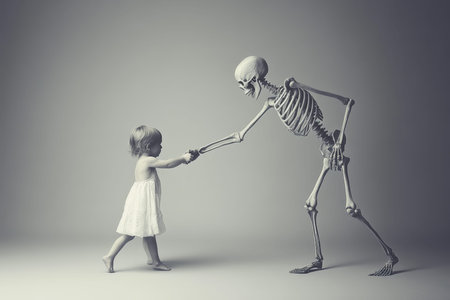 A haunting dance a skeleton guiding a child in a somber reflection on innocence and mortality