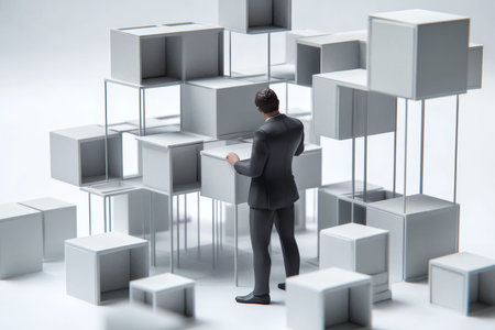 Businessman assembling digital blocks to illustrate growth in business development and technology