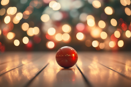 Red bowling ball aiming for strike on lane with blurry christmas bokeh backgroundの写真素材