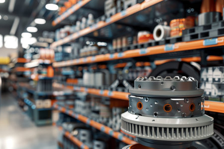 3d visualization of car components brake disk, oil filter, and belt pulleys in store environment