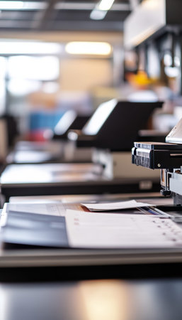 State of the art printing equipment set against a blurred office background showing efficiency