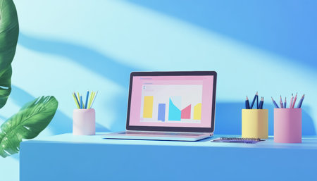Minimalist illustration of data analytics on laptop with office supplies and plant in pastel colors