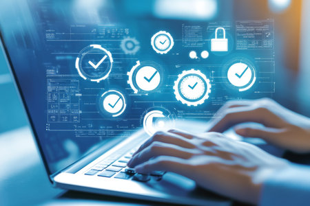 Hands typing on interactive screen integrating ai for document management and project planning