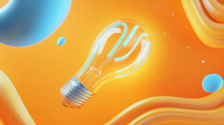 3d light bulb design with blue and yellow lines on orange for innovative business ideas