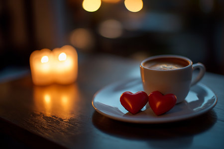 Romantic evening at home with coffee and heart shaped cakes for two lovers to enjoy togetherの写真素材