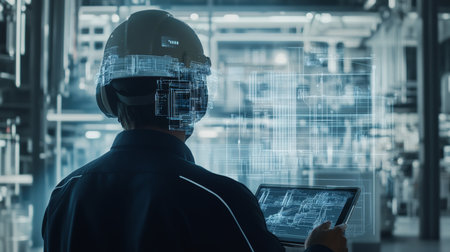 Engineer in helmet with tablet overseeing digital twin hologram of factory and construction designsの写真素材
