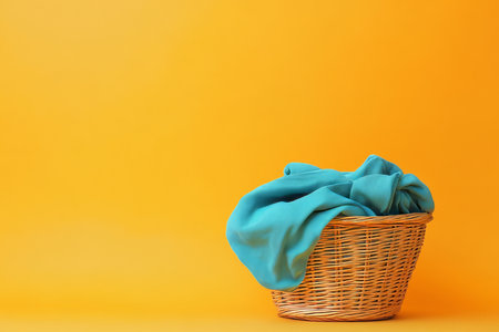 Vibrant laundry basket with colorful clothes on yellow backgroundの写真素材