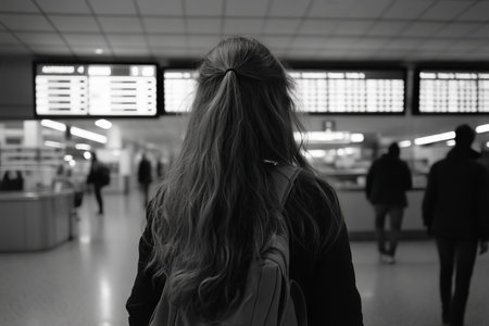Young woman at airport gazes at departure boards, disappointed by no flights to paris availableの写真素材