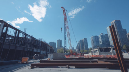 Construction site featuring tower crane and steel beams under clear blue sky on a summer day
